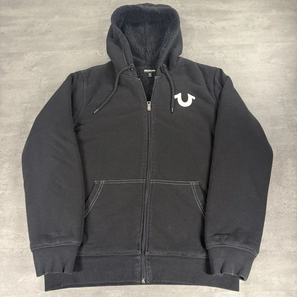 True Religion Logo Seal Sherpa Zip Hoodie Mens‎ Small Black Red Buddha Graphic